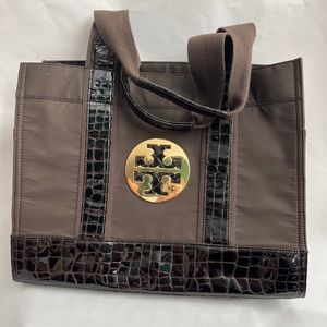Dark Brown Nylon Tory Burch Logo Tote with Faux Crocodile Patent Leather Accents